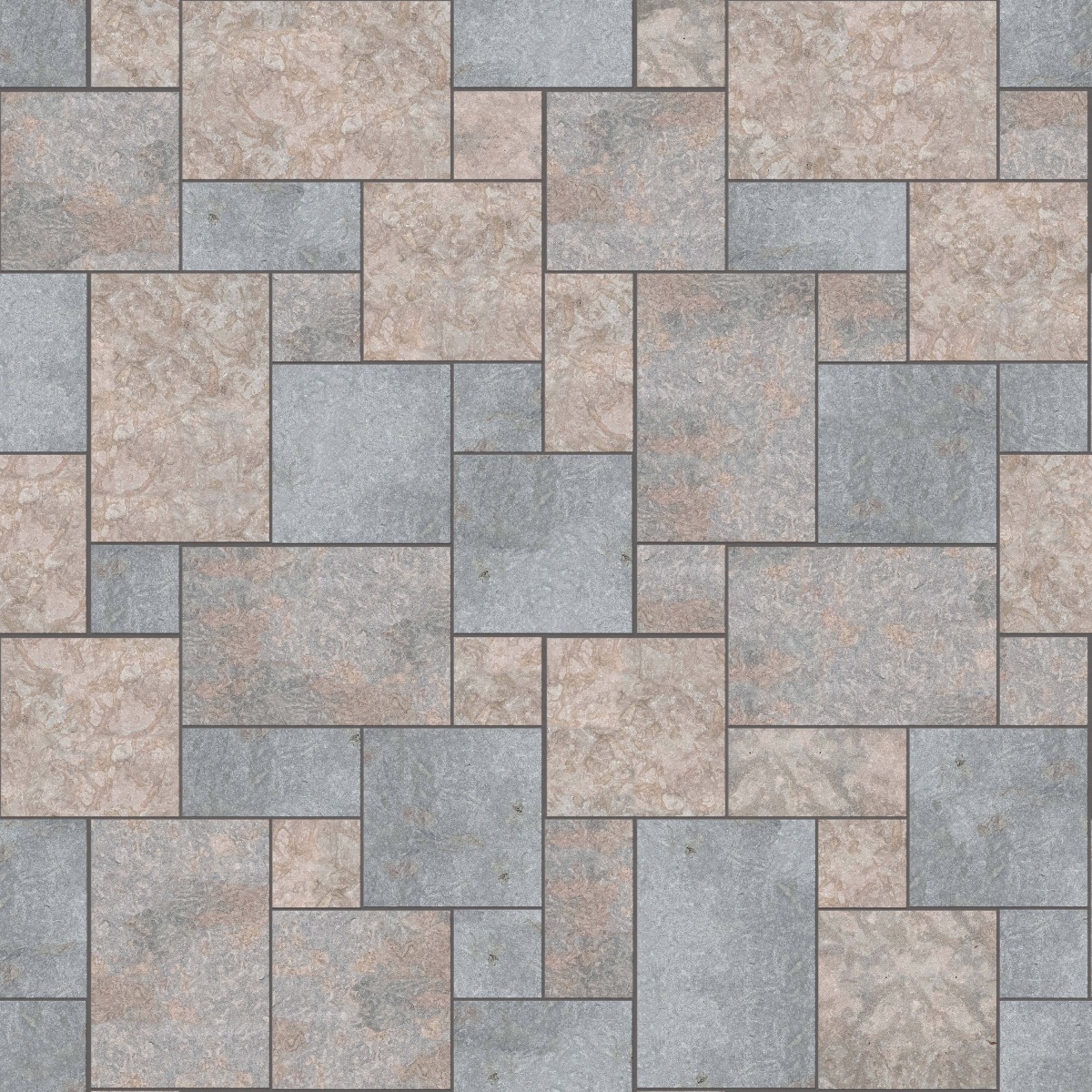 A seamless stone texture with m1123 sdm382 madison full color limestone - flamed blocks arranged in a Paving - Universal - Sawn Edge - Dimensional 12 Pieces 4 Sizes - DP086 pattern