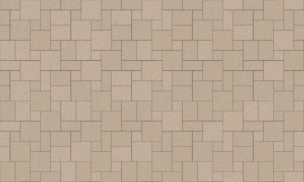 A seamless stone texture with m847 sdm425 yellow wheat granite - sand blasted blocks arranged in a Paving - Universal  - Sawn Edge - Dimensional 14 Pieces 4 Sizes - DP094 pattern