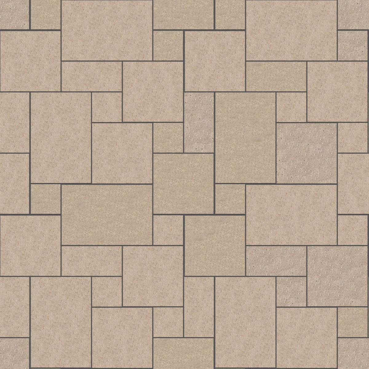 A seamless stone texture with m847 sdm425 yellow wheat granite - sand blasted blocks arranged in a Paving - Universal - Sawn Edge - Dimensional 12 Pieces 4 Sizes - DP086 pattern