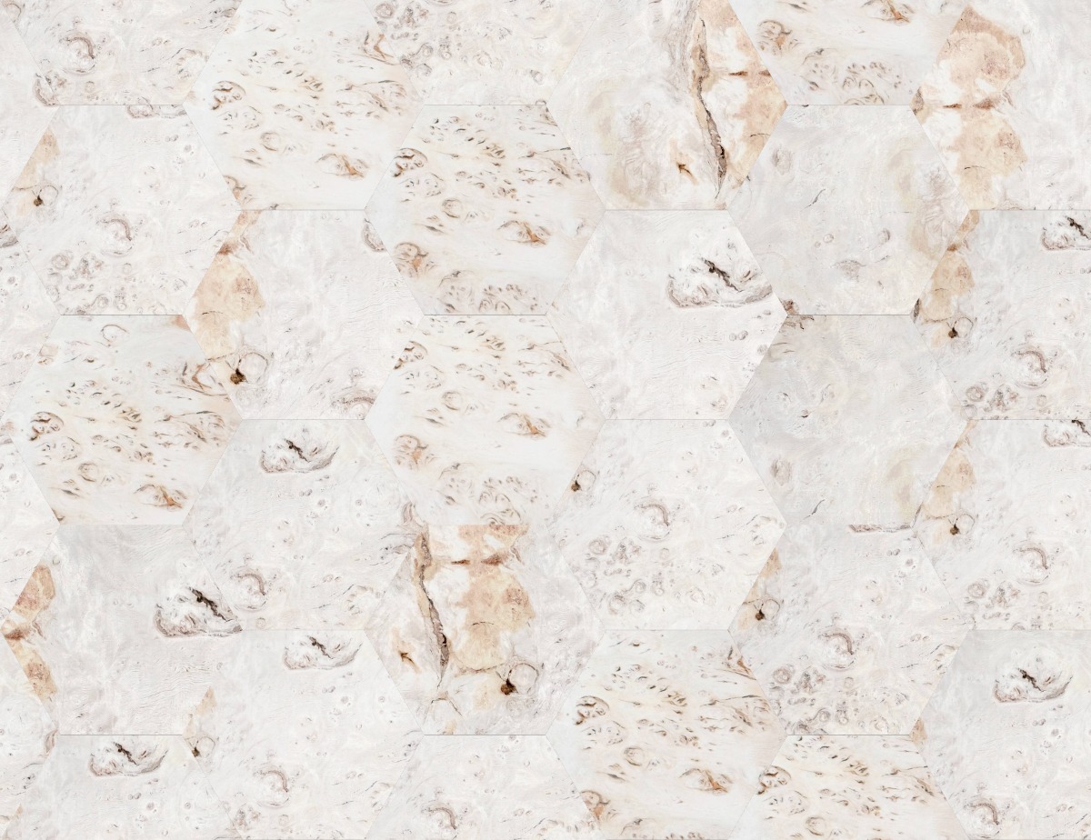 A seamless wood texture with oak burr boards arranged in a Hexagonal pattern