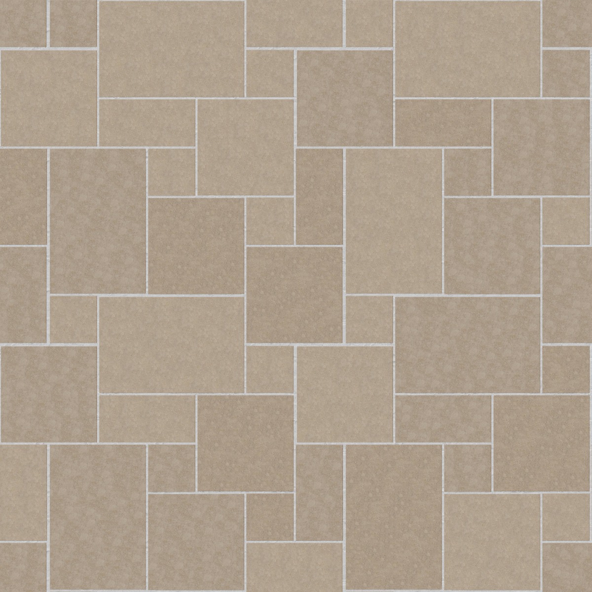A seamless stone texture with m1012 sdm432 veneto beige limestone - sand blasted & brushed blocks arranged in a Paving - Universal - Sawn Edge - Dimensional 12 Pieces 4 Sizes - DP086 pattern