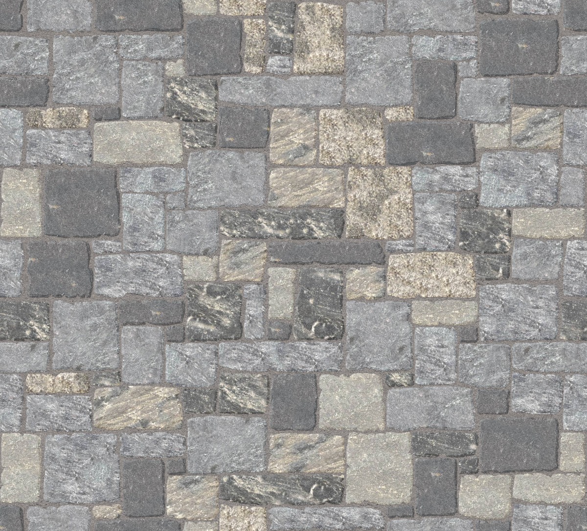 A seamless stone texture with m1246 sdm406 lake korynth granite - square and recs - split-face blocks arranged in a Veneer - Roughly Squares and Rectangles - Split Edge - Random Sizes - DP113 pattern