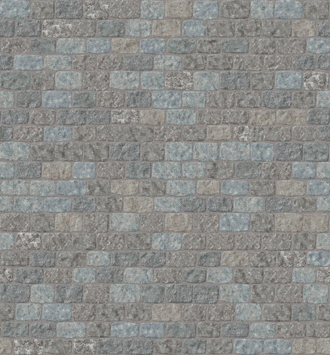 A seamless stone texture with m267 sdm420 reclaimed european porphyry cobblestones - weathered & worn blocks arranged in a Paving - Reclaimed Cobblestone Running Bond - Split Edge - Approx 8x5'' - DP112 pattern