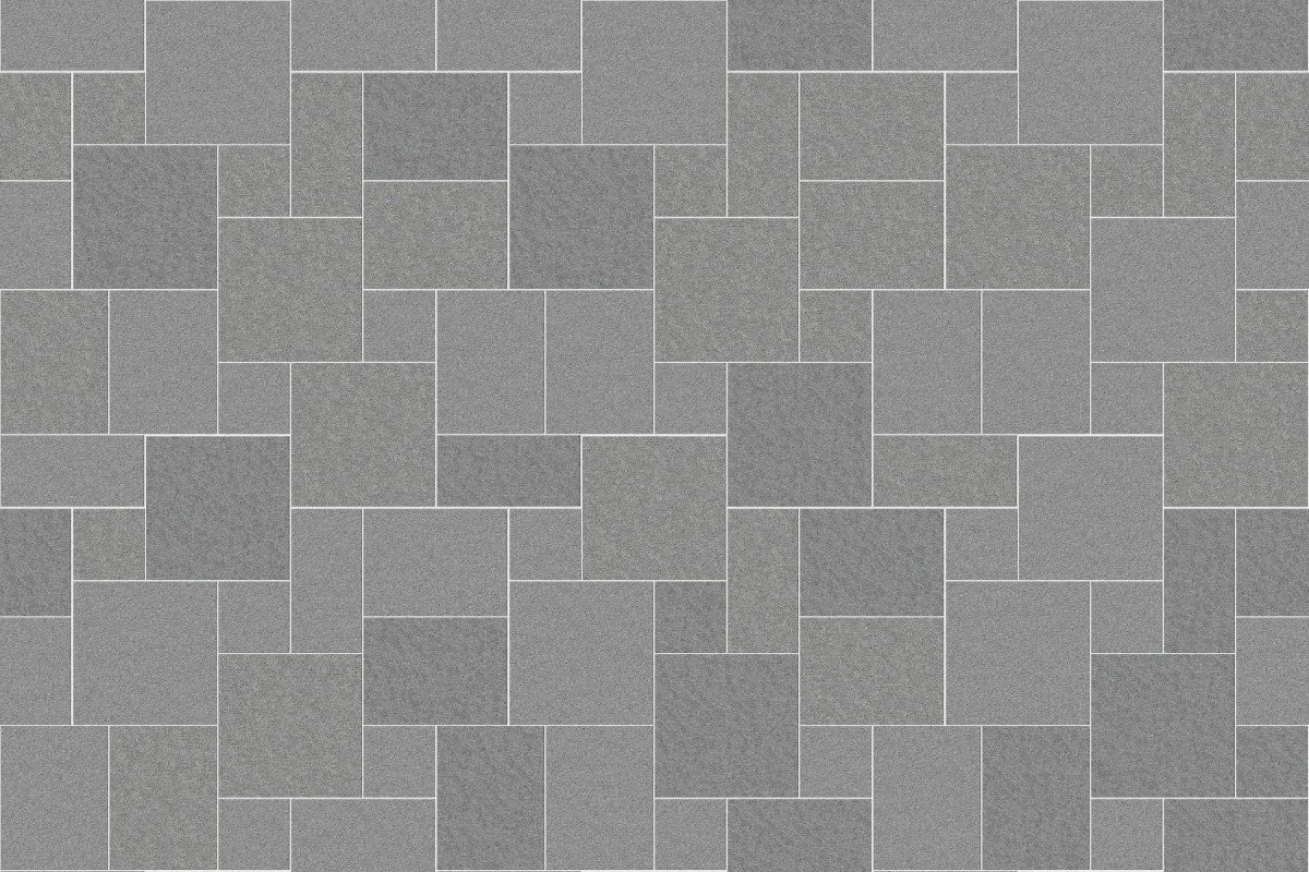 A seamless stone texture with m902 sdm431 superior northern granite - sand blasted blocks arranged in a Paving - Universal  - Sawn Edge - Dimensional 14 Pieces 4 Sizes - DP094 pattern