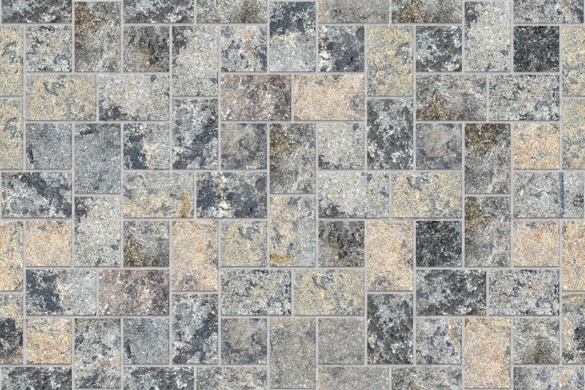 A seamless stone texture with reclaimed mixed granite cobble tops blocks arranged in a Cambridge Cobble pattern