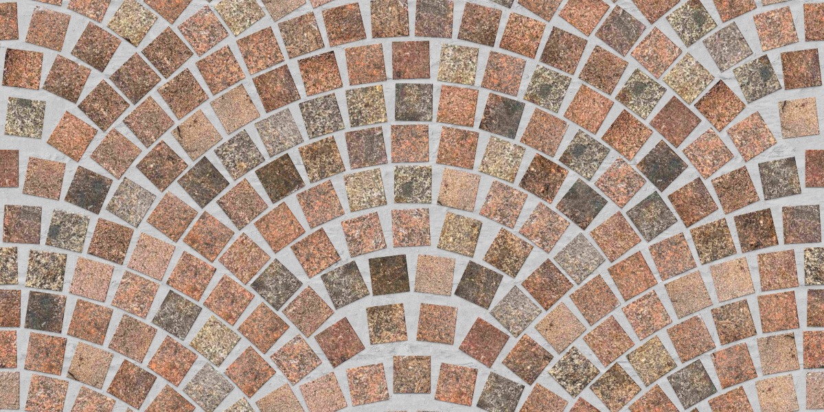 A seamless stone texture with reclaimed scottish 5” x 5” cube granite cobble setts blocks arranged in a European Fan pattern