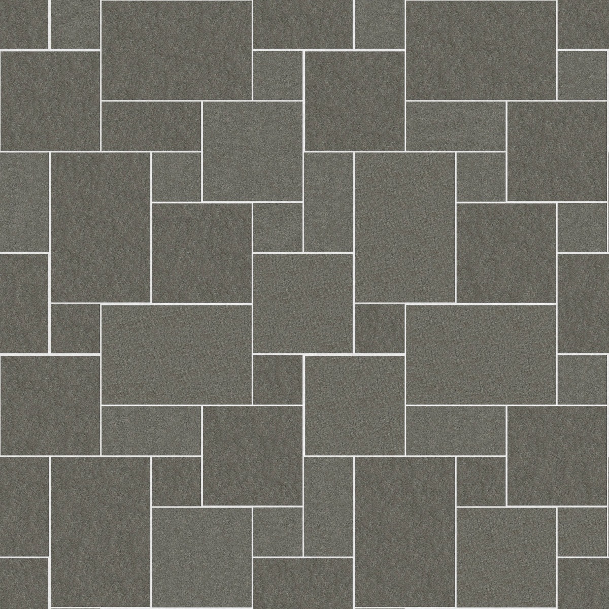 A seamless stone texture with m1111 sdm451 pensy black granite - flamed blocks arranged in a Paving - Universal - Sawn Edge - Dimensional 12 Pieces 4 Sizes - DP086 pattern