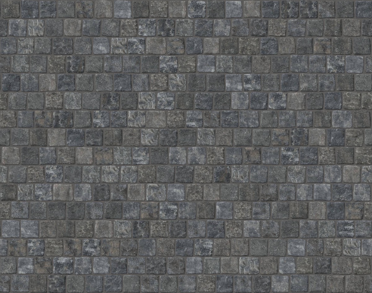 A seamless stone texture with m1215 sdm480 reclaimed basalt cobblestones - weathered & worn blocks arranged in a Paving - Reclaimed Cobblestone Running Bond Pattern - Cubes - Split Edge - Constant Sizes - DP054 pattern