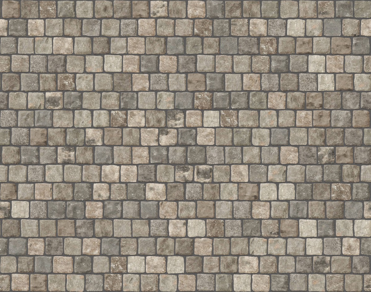 A seamless stone texture with m268 sdm481 reclaimed european sandstone cobblestone cubes - weathered & worn blocks arranged in a Paving - Reclaimed Cobblestone Running Bond Pattern - Cubes - Split Edge - Constant Sizes - DP054 pattern
