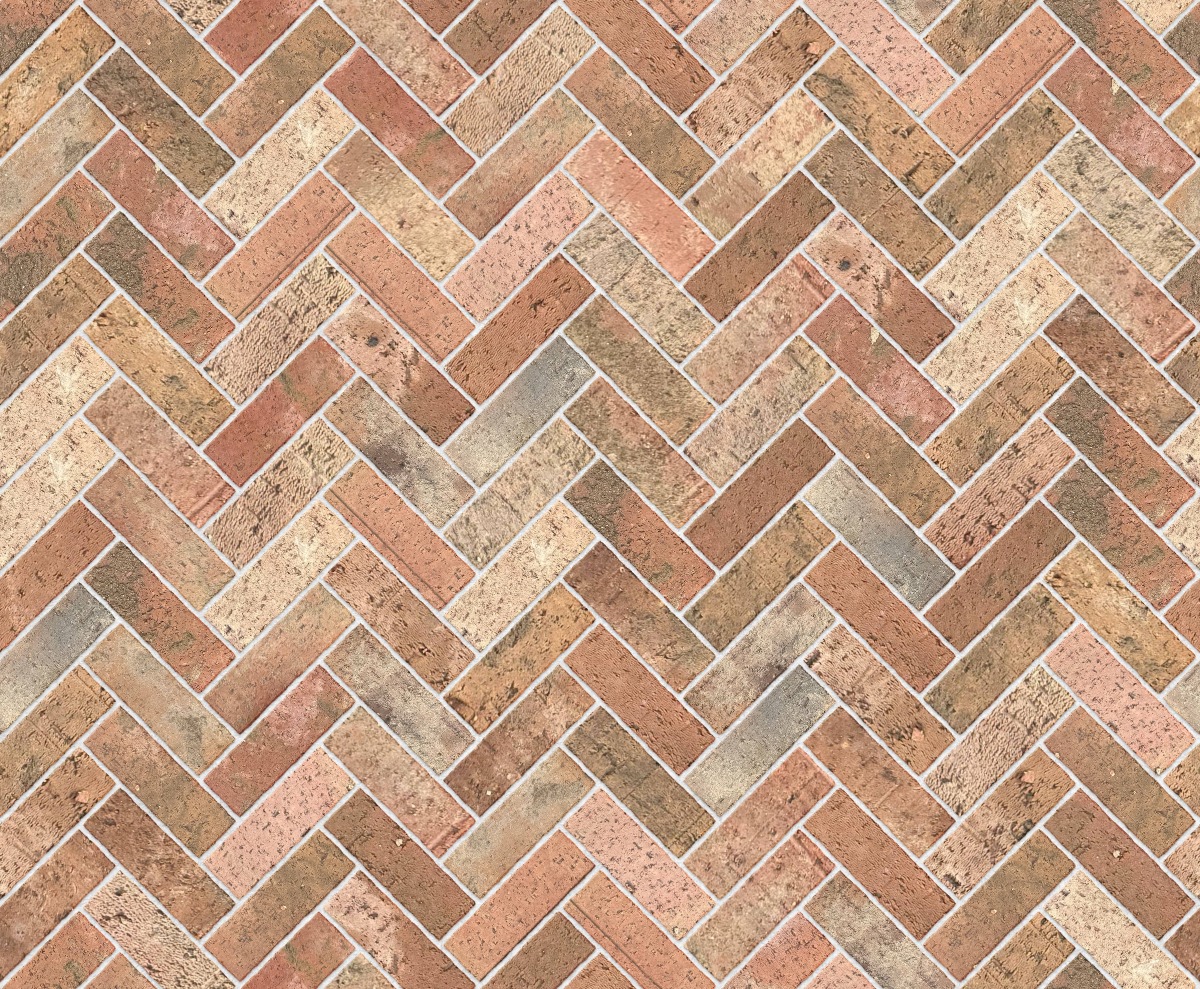 A seamless landscaping texture with reclaimed clay paving bricks units arranged in a Herringbone pattern