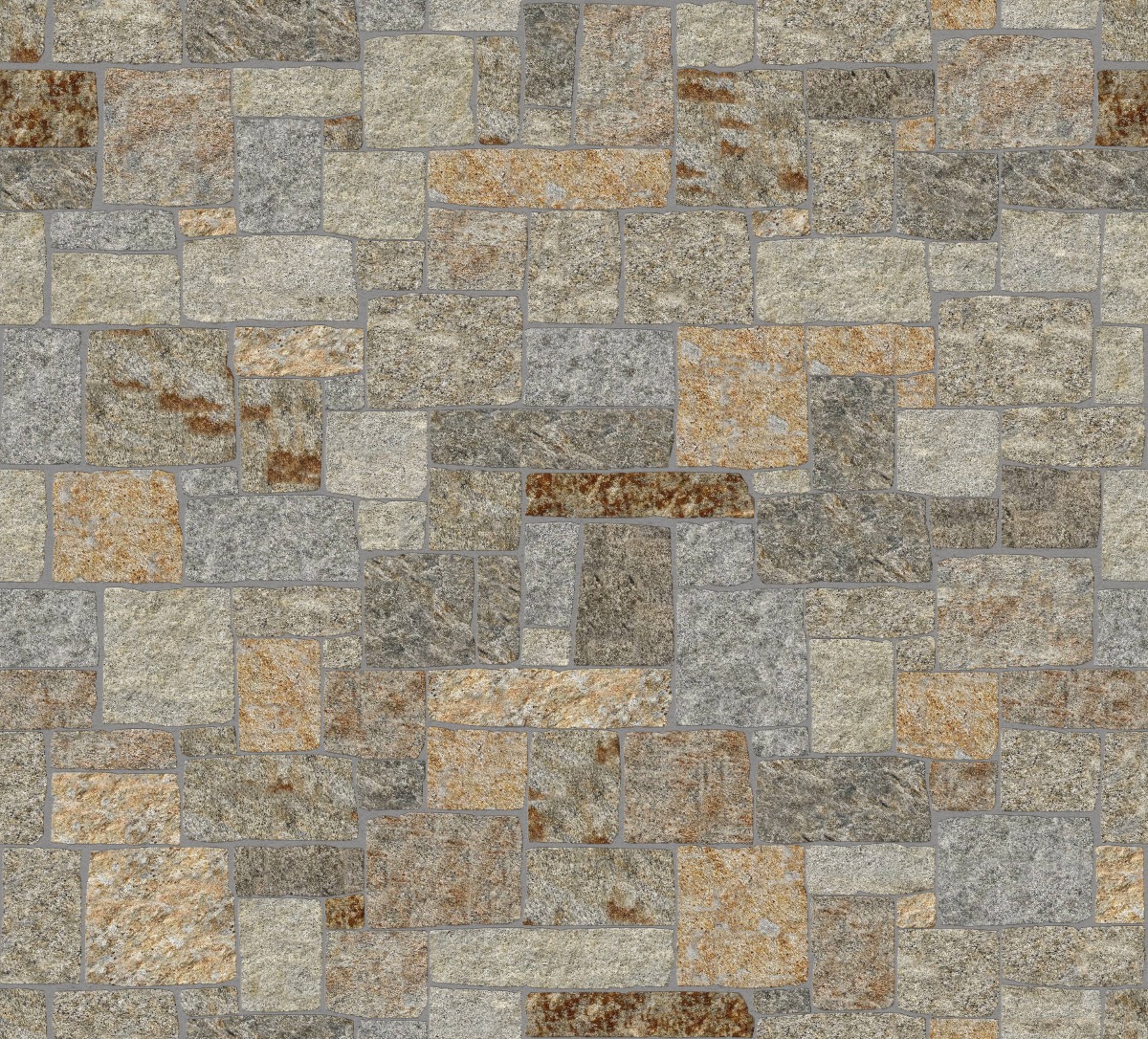 A seamless stone texture with m1266 sdm467 newport mist granite - bedface blocks arranged in a Veneer - Roughly Squares and Rectangles - Split Edge - Random Sizes - DP113 pattern