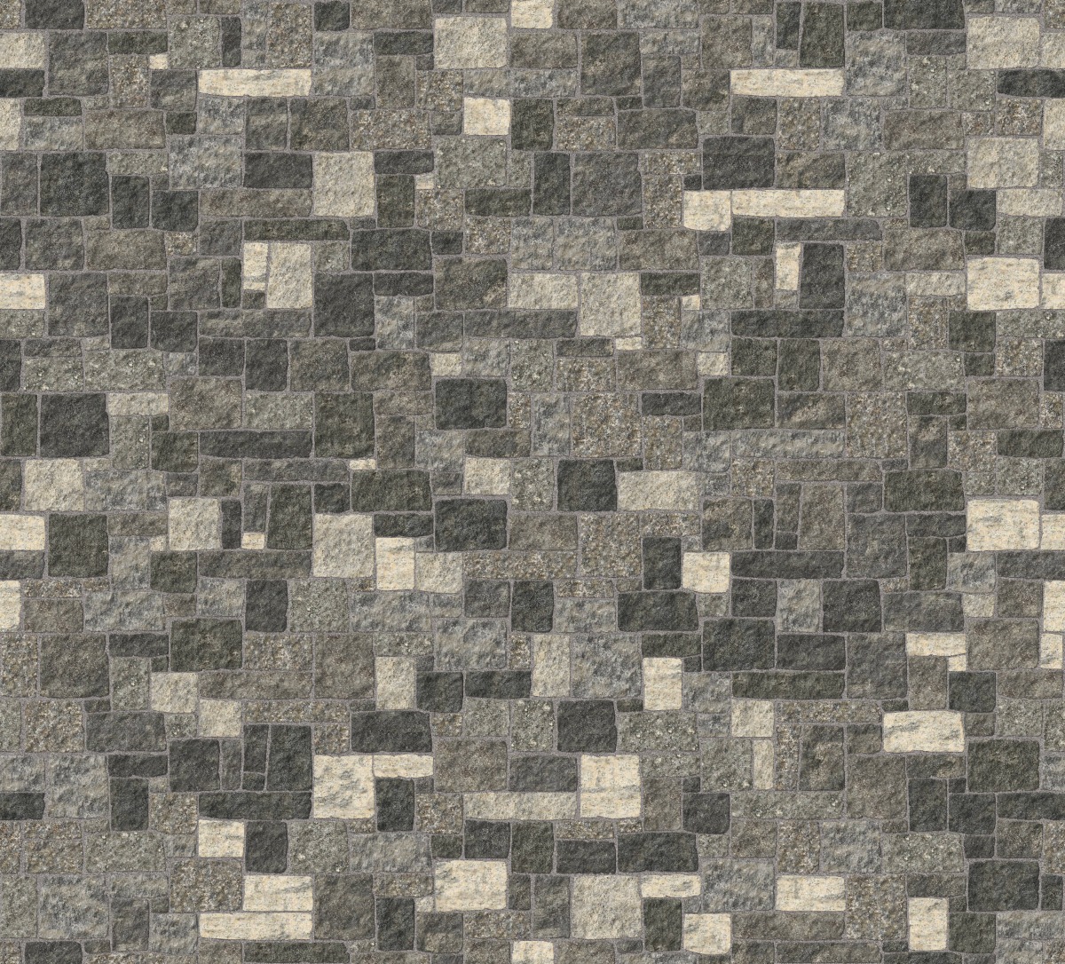 A seamless stone texture with m1269 sdm473 mystic harbor granite - bedface blocks arranged in a Veneer - Roughly Squares and Rectangles - Split Edge - Random Sizes - DP113 pattern