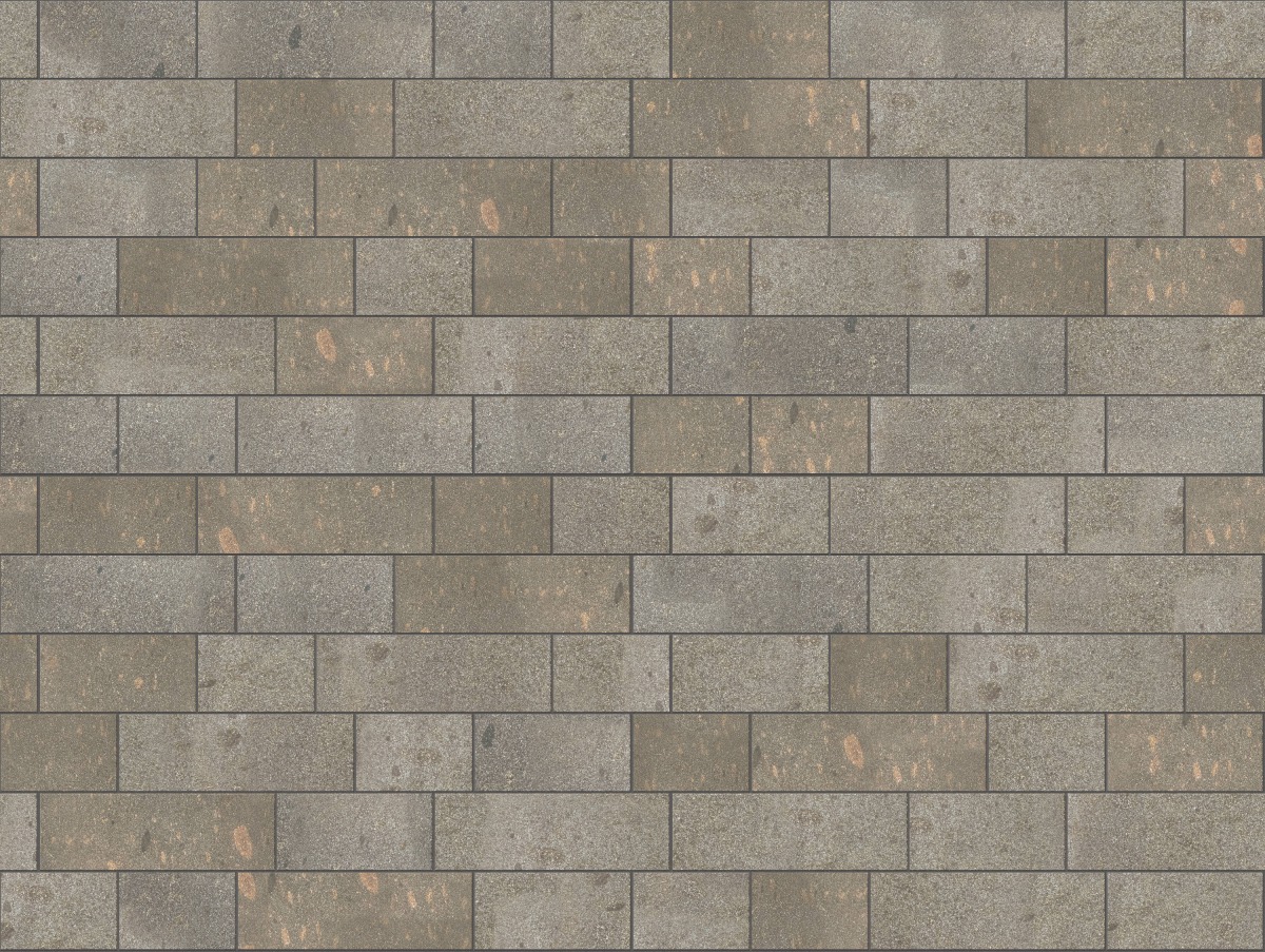 A seamless stone texture with m1293 sdm502 imperial brown porphyry - flamed blocks arranged in a Paving - Running Bond  - Sawn Edge - Dimensional 22 Pieces 3 Sizes - DP087 pattern