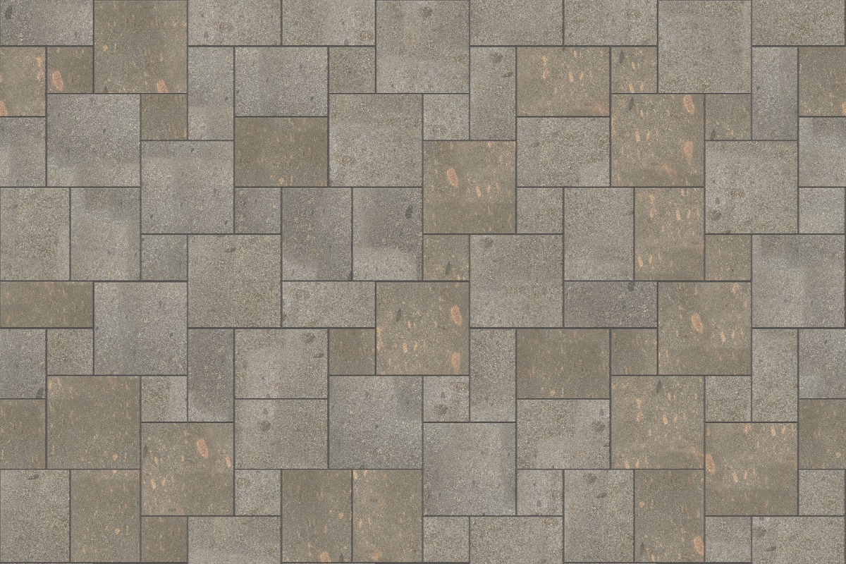 A seamless stone texture with m1293 sdm502 imperial brown porphyry - flamed blocks arranged in a Paving - Universal  - Sawn Edge - Dimensional 14 Pieces 4 Sizes - DP094 pattern