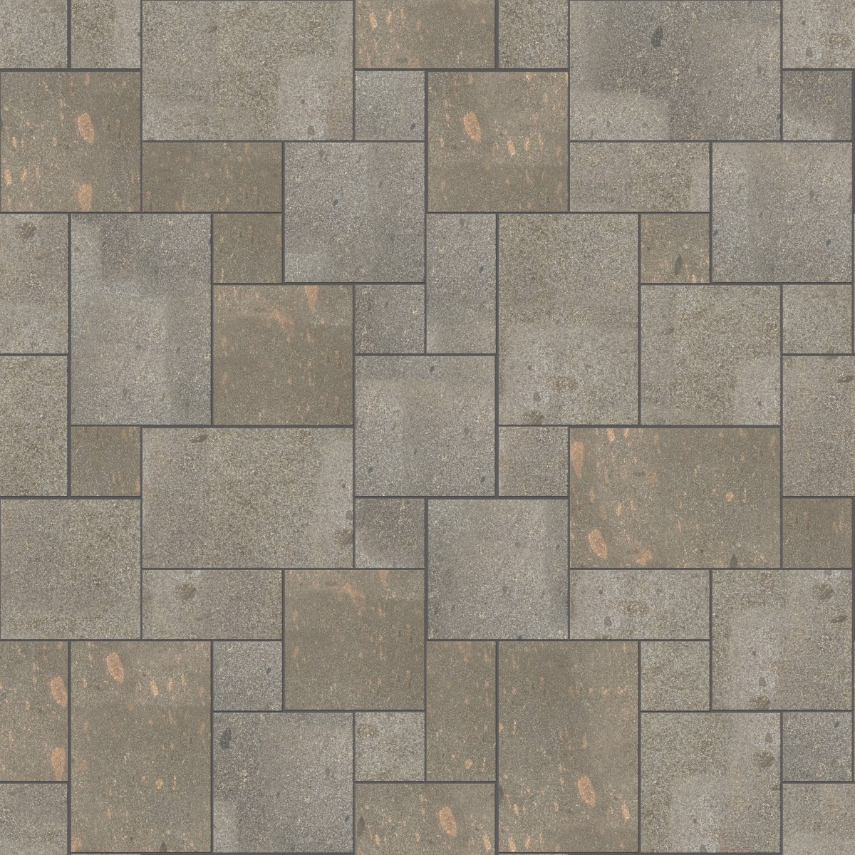A seamless stone texture with m1293 sdm502 imperial brown porphyry - flamed blocks arranged in a Paving - Universal - Sawn Edge - Dimensional 12 Pieces 4 Sizes - DP086 pattern