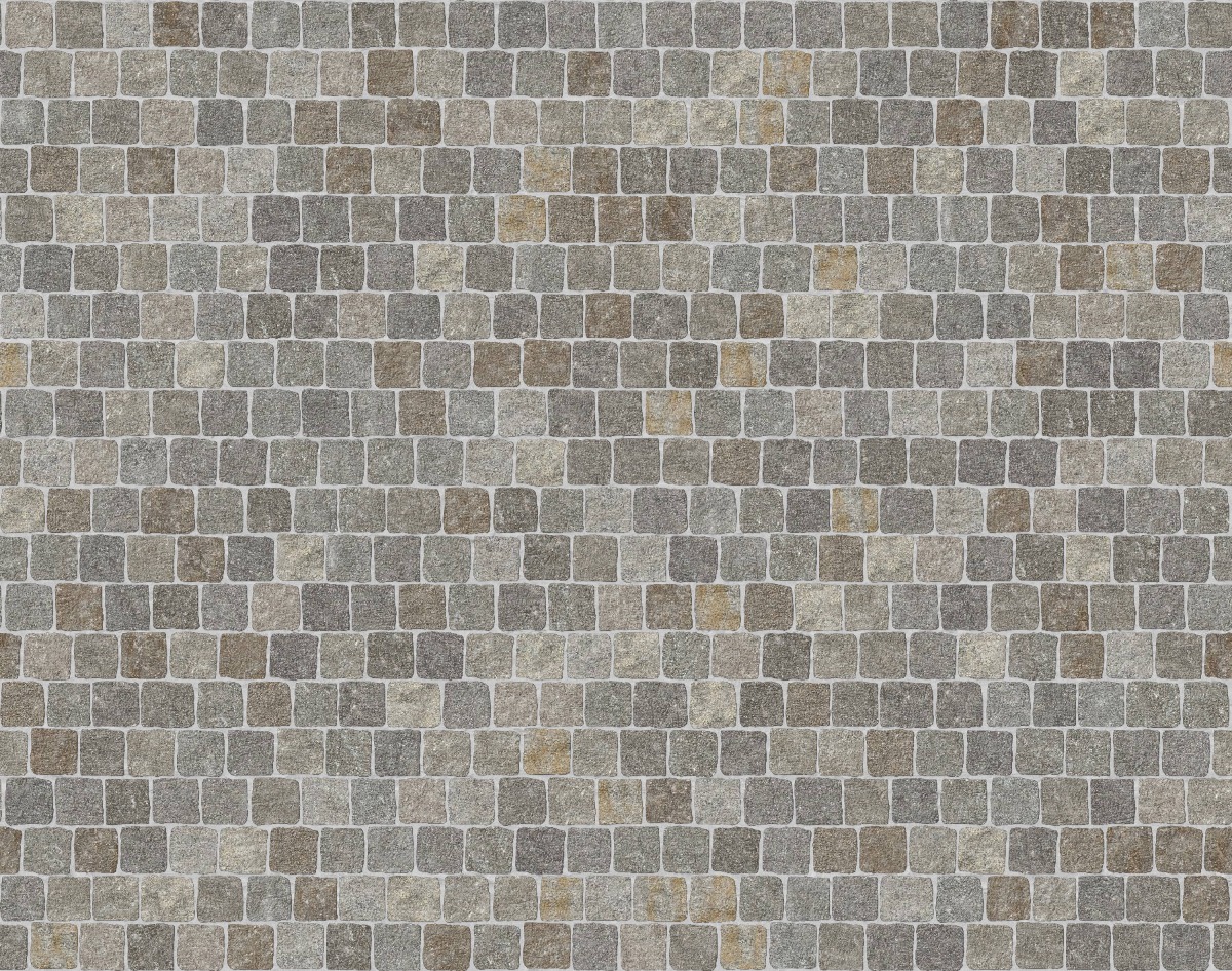 A seamless stone texture with m1294 sdm490 imperial gray porphyry cobblestones - split-face blocks arranged in a Paving - Reclaimed Cobblestone Running Bond Pattern - Cubes - Split Edge - Constant Sizes - DP054 pattern