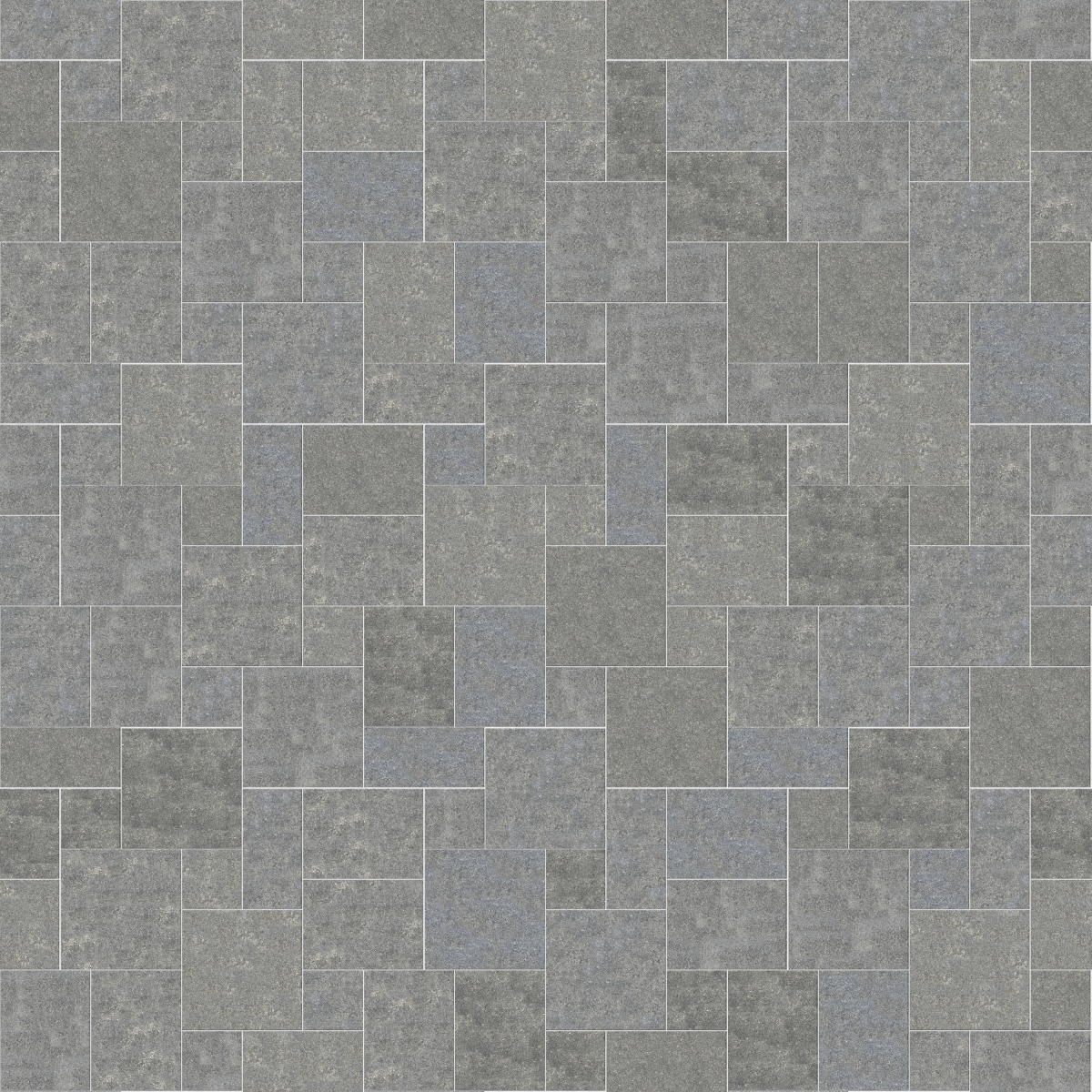 A seamless stone texture with m546 sdm485 belgian bluestone - flamed blocks arranged in a Paving - Universal  - Sawn Edge - Dimensional 14 Pieces 4 Sizes - DP094 pattern