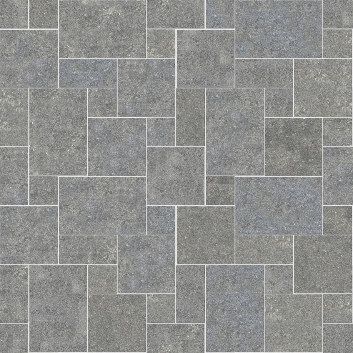 A seamless stone texture with m546 sdm485 belgian bluestone - flamed blocks arranged in a Paving - Universal - Sawn Edge - Dimensional 12 Pieces 4 Sizes - DP086 pattern