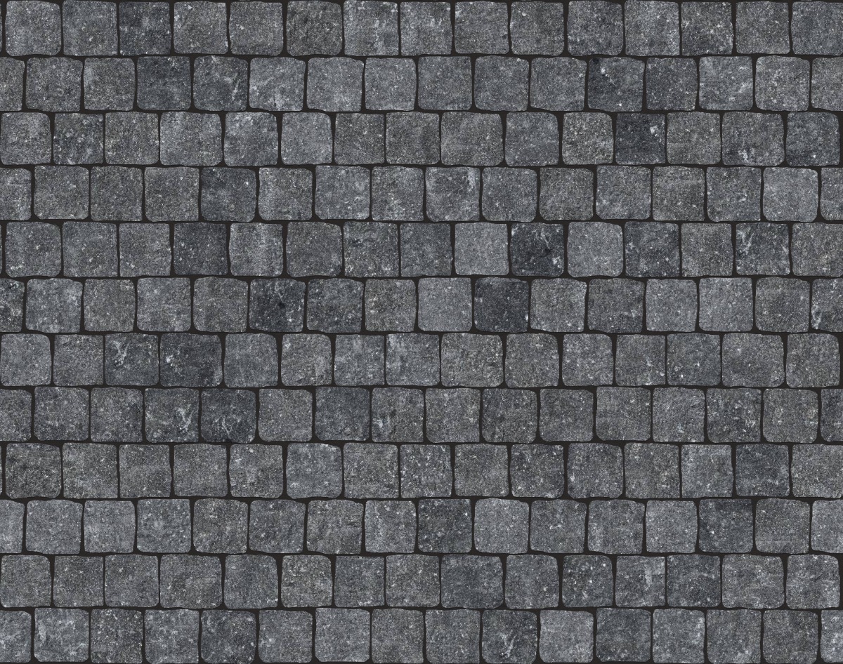 A seamless stone texture with m546 sdm495 belgian bluestone cobblestones - split-face blocks arranged in a Paving - Reclaimed Cobblestone Running Bond Pattern - Cubes - Split Edge - Constant Sizes - DP054 pattern