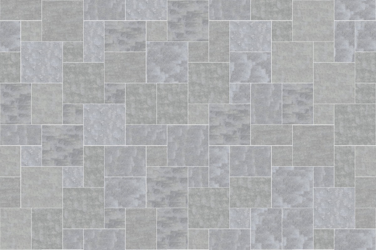 A seamless stone texture with m546 sdm500 belgian bluestone - scoured blocks arranged in a Paving - Universal  - Sawn Edge - Dimensional 14 Pieces 4 Sizes - DP094 pattern