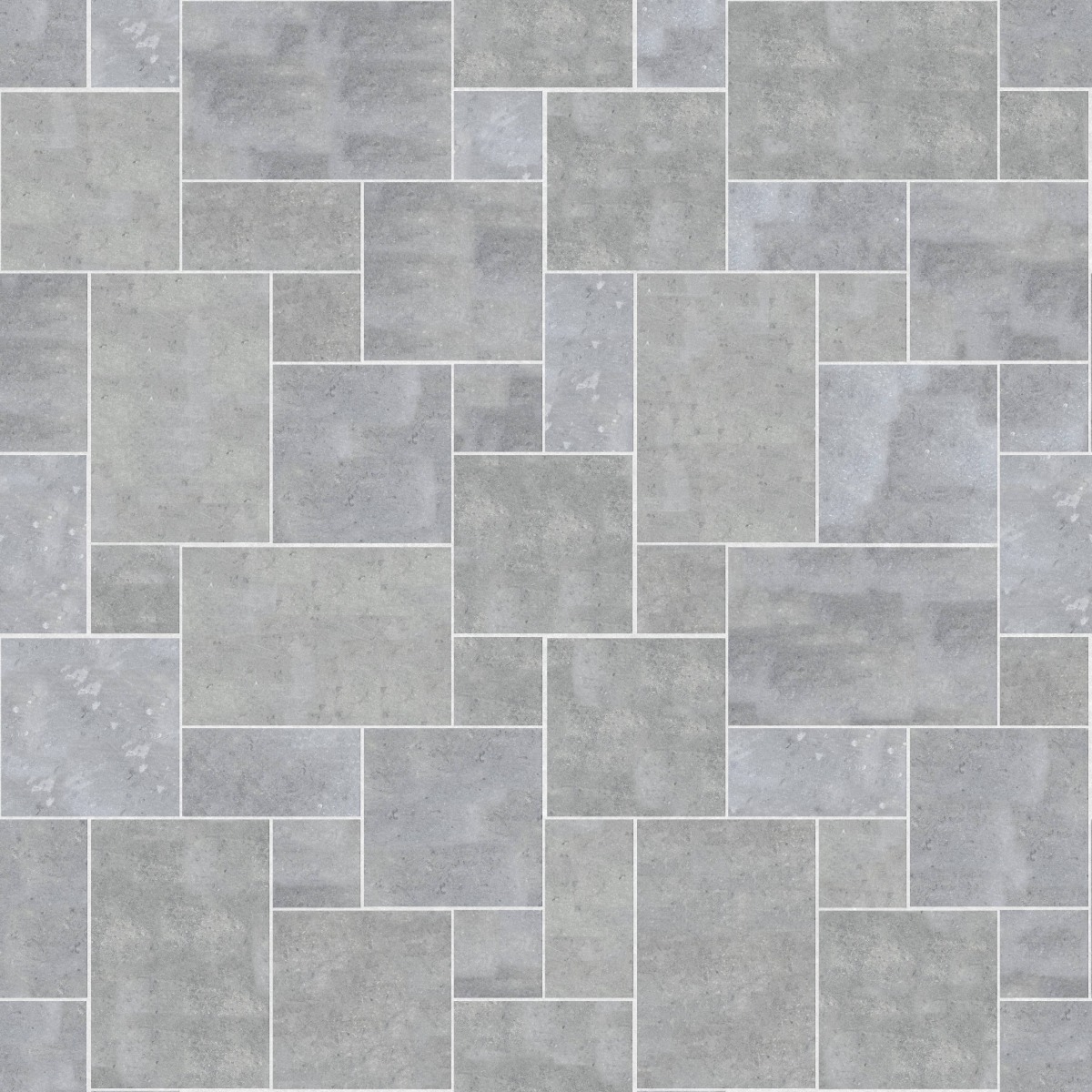 A seamless stone texture with m546 sdm500 belgian bluestone - scoured blocks arranged in a Paving - Universal - Sawn Edge - Dimensional 12 Pieces 4 Sizes - DP086 pattern