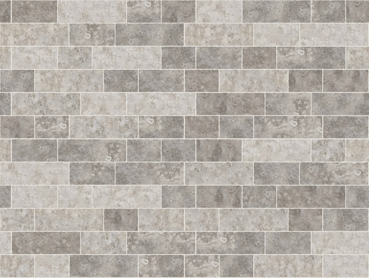A seamless stone texture with m735 sdm394 bavarian dolomite gray limestone - antiqued blocks arranged in a Paving - Running Bond  - Sawn Edge - Dimensional 22 Pieces 3 Sizes - DP087 pattern