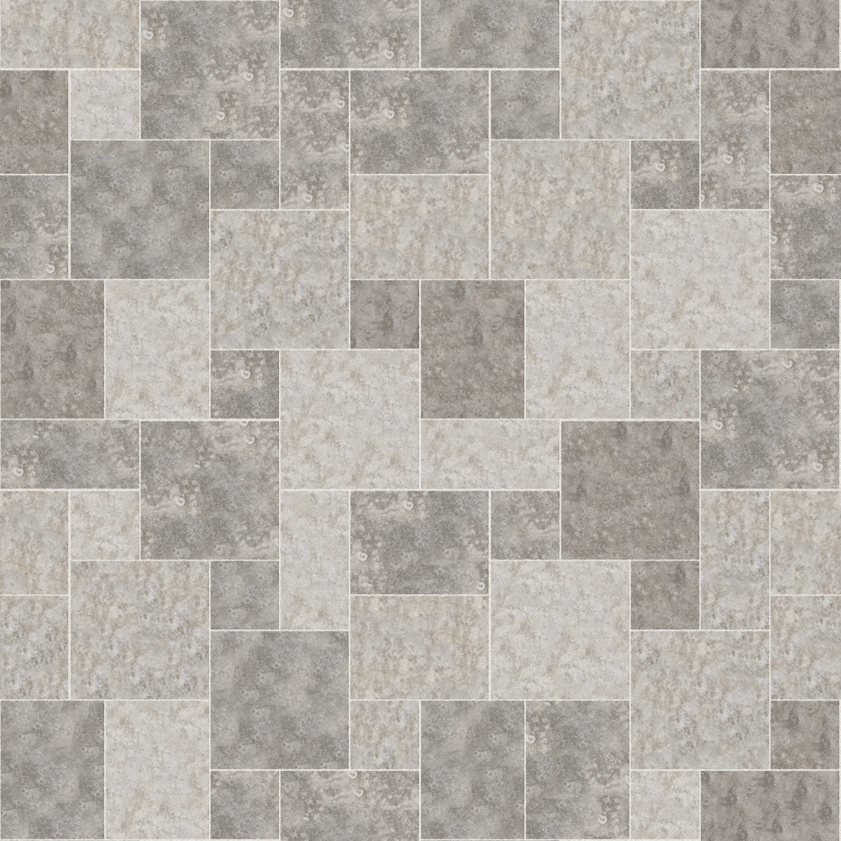 A seamless stone texture with m735 sdm394 bavarian dolomite gray limestone - antiqued blocks arranged in a Paving - Universal  - Sawn Edge - Dimensional 14 Pieces 4 Sizes - DP094 pattern
