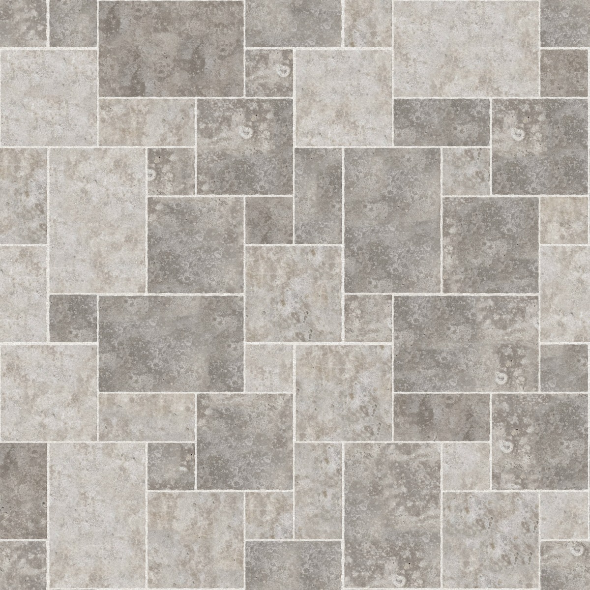 A seamless stone texture with m735 sdm394 bavarian dolomite gray limestone - antiqued blocks arranged in a Paving - Universal - Sawn Edge - Dimensional 12 Pieces 4 Sizes - DP086 pattern