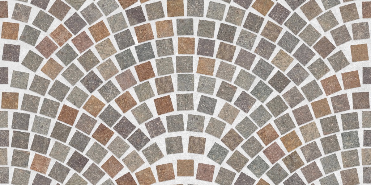 A seamless stone texture with multi colour scottish whinstone setts blocks arranged in a European Fan pattern