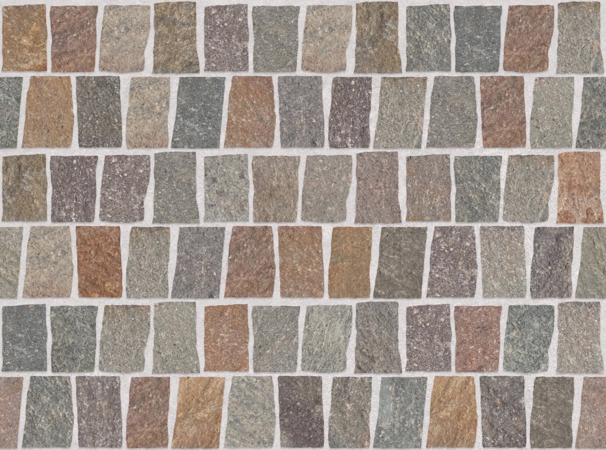 A seamless stone texture with multi colour scottish whinstone setts blocks arranged in a Scarpa pattern