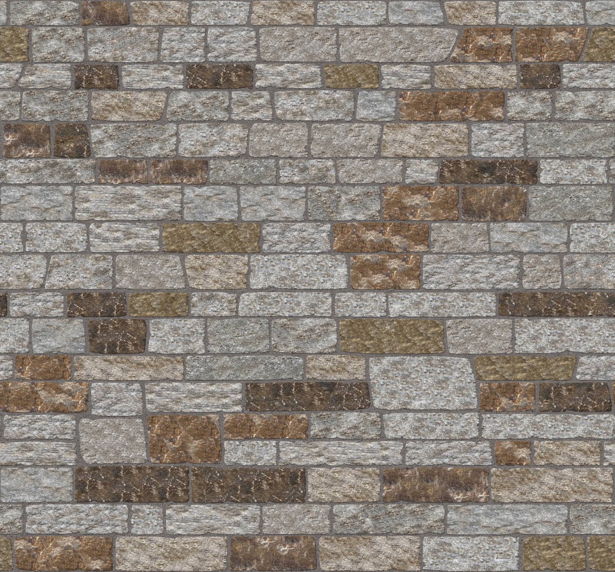 A seamless stone texture with m1245 sdm405 copper mountain granite - ashlar - split-face blocks arranged in a Veneer - Ledgestone - Split Edge - Random Sizes - DP121 pattern