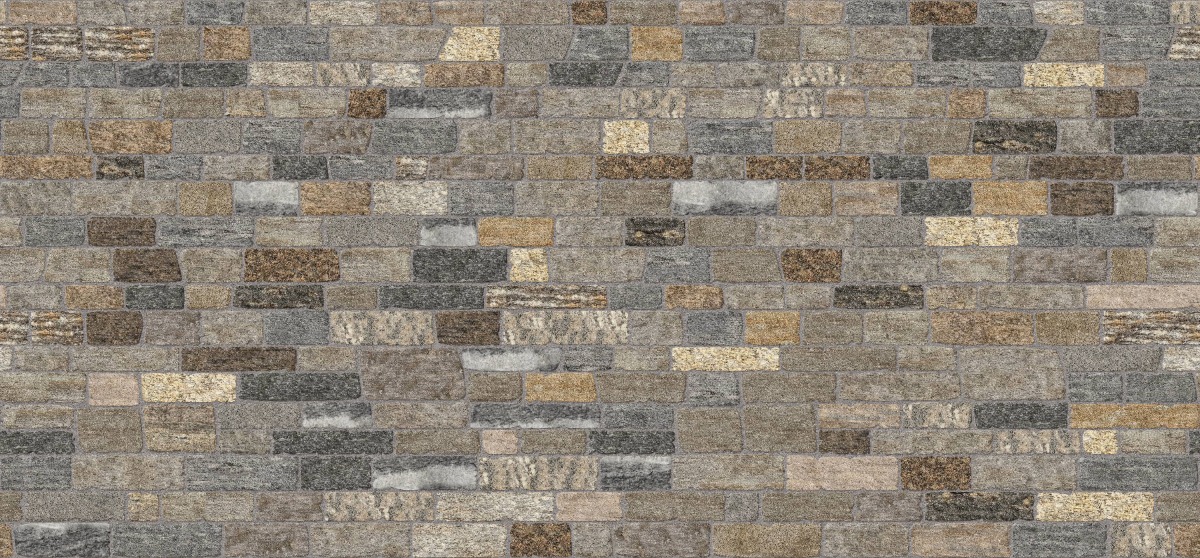 A seamless stone texture with m1264 sdm454 boston blend granite - ledge - split-face blocks arranged in a Veneer - Ledgestone - Split Edge - Random Sizes - DP121 pattern