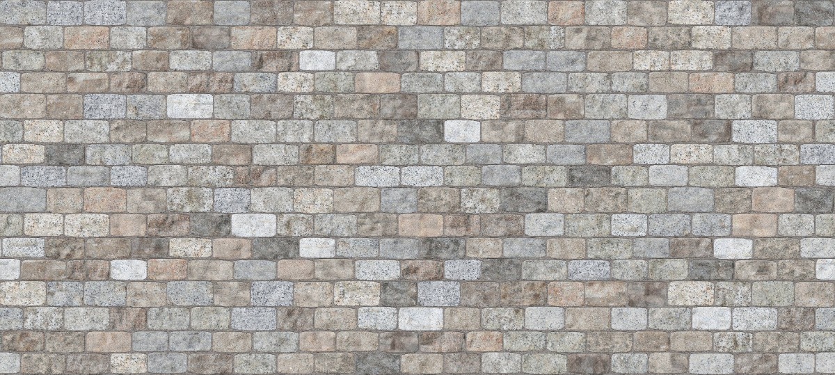 A seamless stone texture with m244 sdm531 reclaimed new england granite cobblestones - medium worn top - weathered & worn blocks arranged in a Paving - Reclaimed Cobblestone Running Bond - Split Edge - Approx 6.5x4" - DP115 pattern