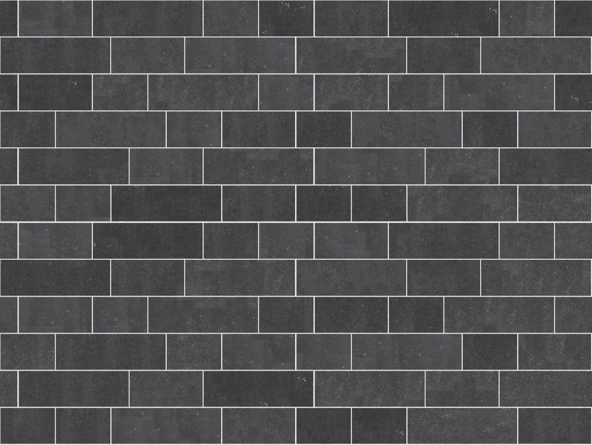A seamless stone texture with m546 sdm487 belgian bluestone - honed dark blocks arranged in a Paving - Running Bond  - Sawn Edge - Dimensional 22 Pieces 3 Sizes - DP087 pattern