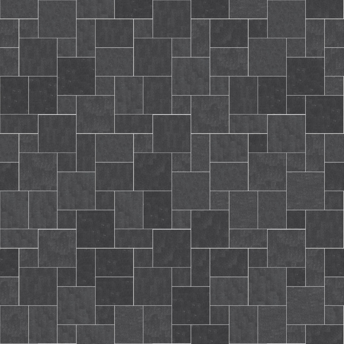 A seamless stone texture with m546 sdm487 belgian bluestone - honed dark blocks arranged in a Paving - Universal  - Sawn Edge - Dimensional 14 Pieces 4 Sizes - DP094 pattern