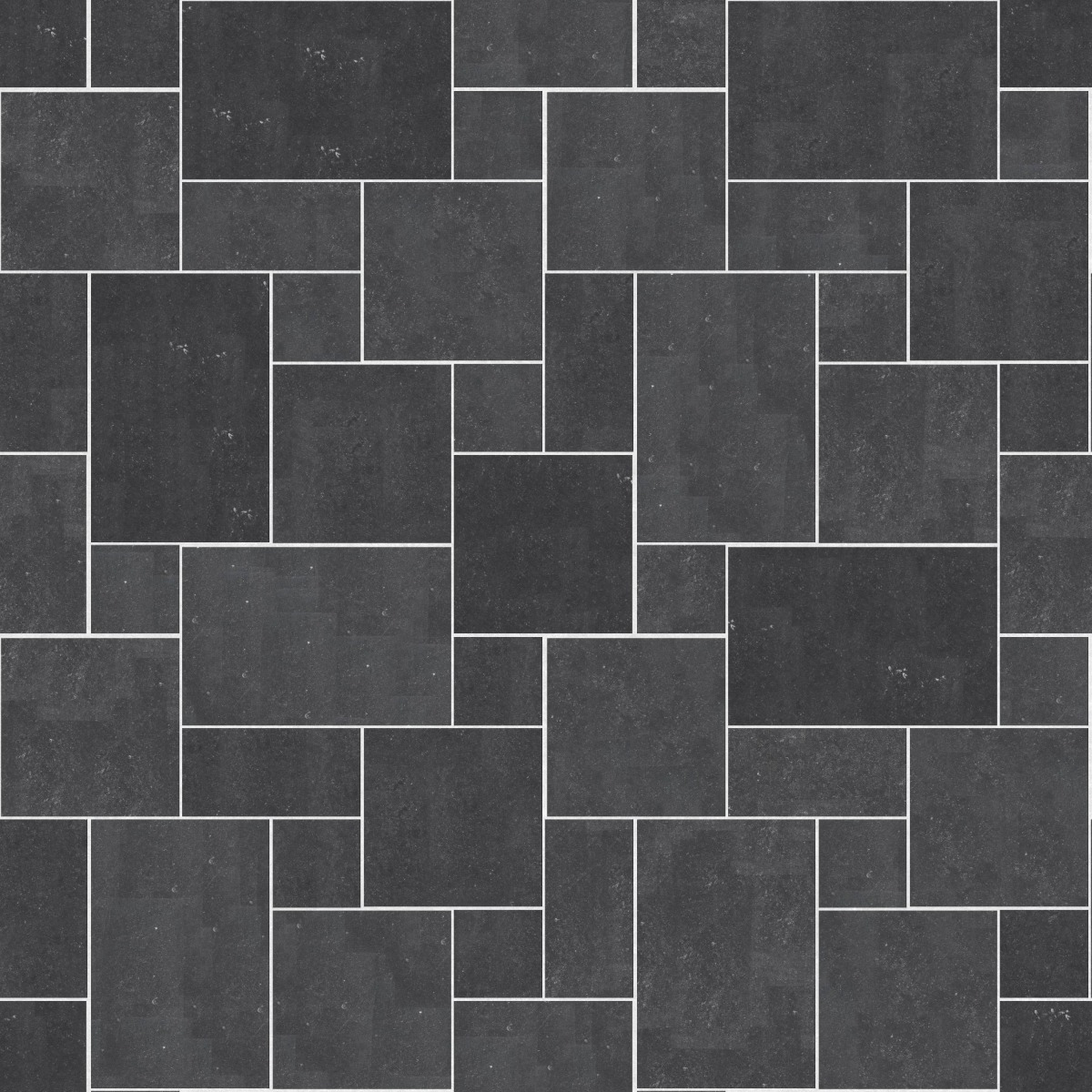A seamless stone texture with m546 sdm487 belgian bluestone - honed dark blocks arranged in a Paving - Universal - Sawn Edge - Dimensional 12 Pieces 4 Sizes - DP086 pattern