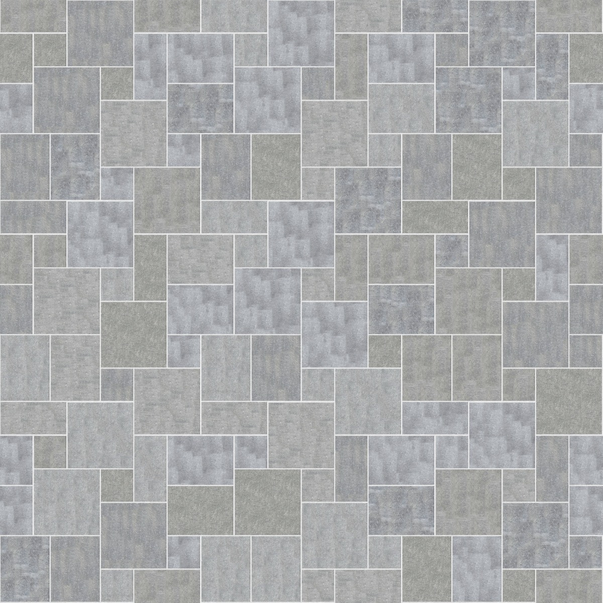 A seamless stone texture with m546 sdm489 belgian bluestone - enostyl blocks arranged in a Paving - Universal  - Sawn Edge - Dimensional 14 Pieces 4 Sizes - DP094 pattern