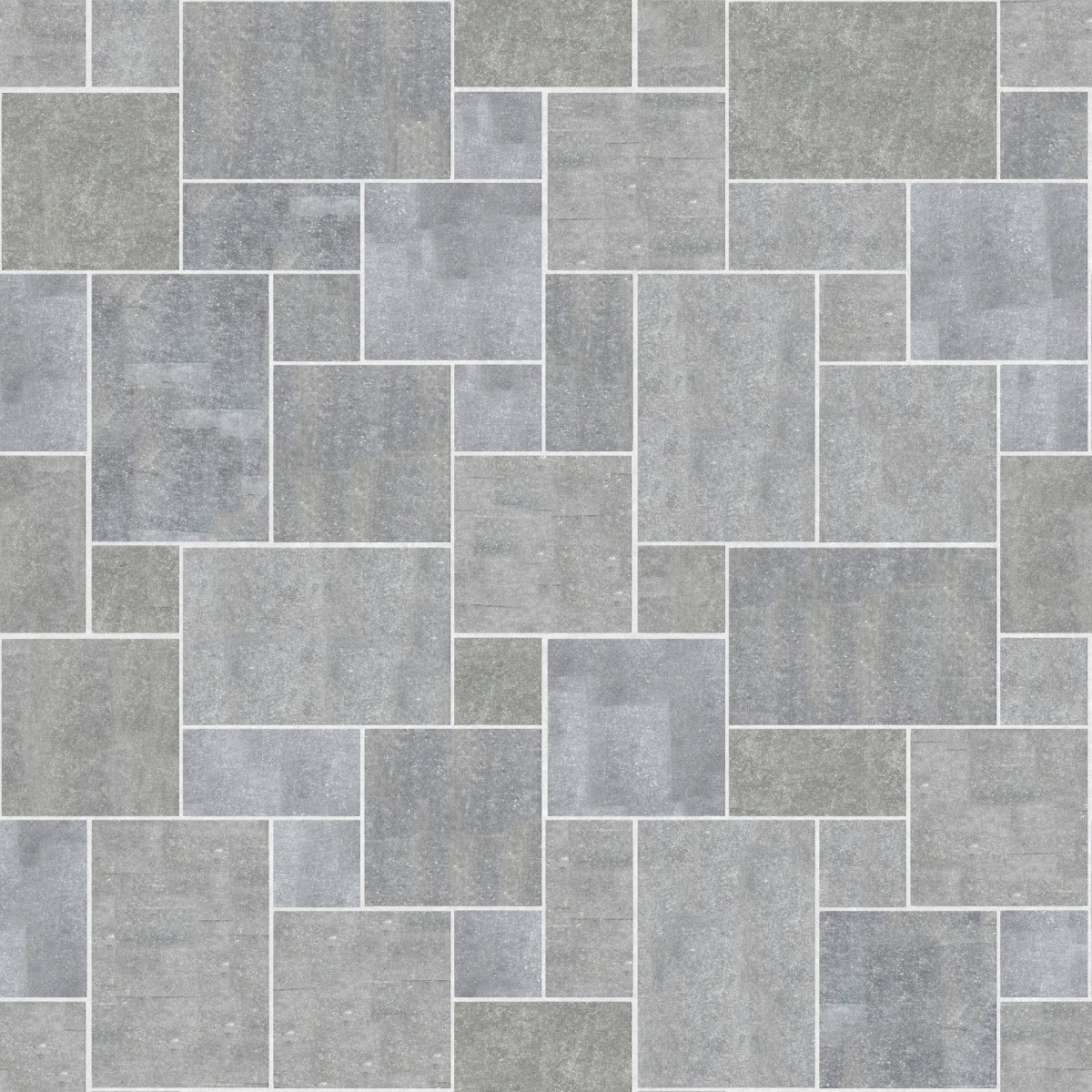 A seamless stone texture with m546 sdm489 belgian bluestone - enostyl blocks arranged in a Paving - Universal - Sawn Edge - Dimensional 12 Pieces 4 Sizes - DP086 pattern